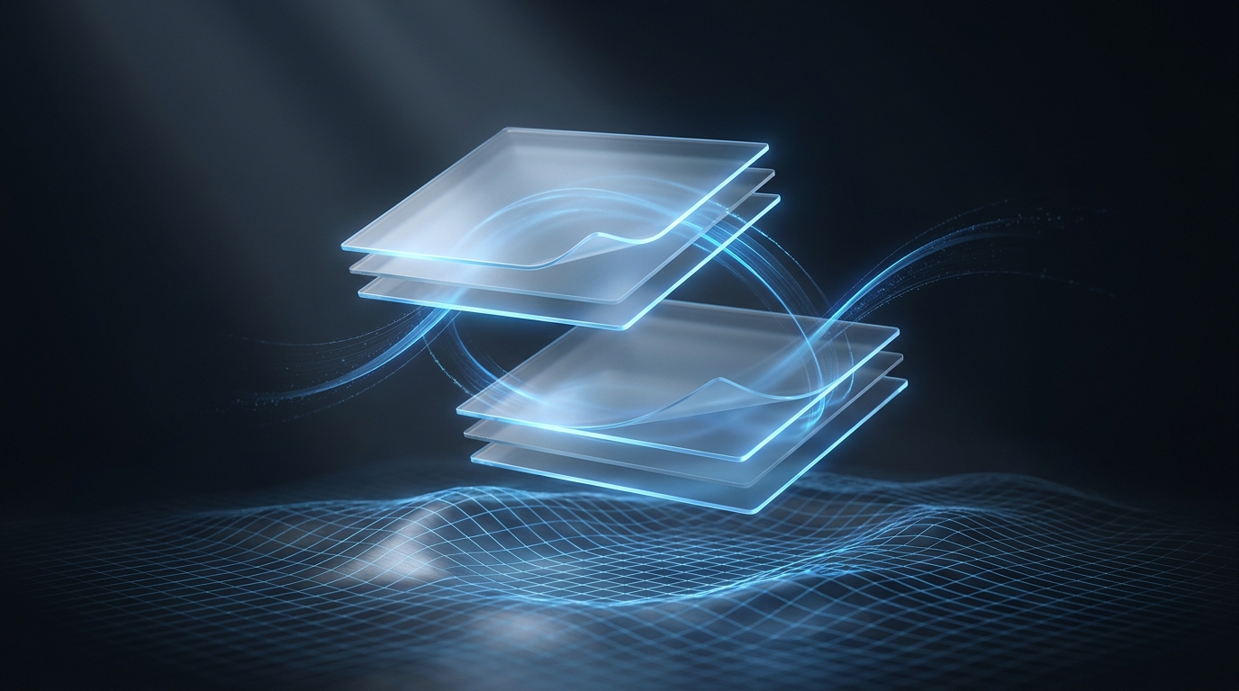 Editorial illustration of layered translucent planes and flowing data ribbons in electric blue against a deep slate background, with geometric grid structures in soft 3D relief