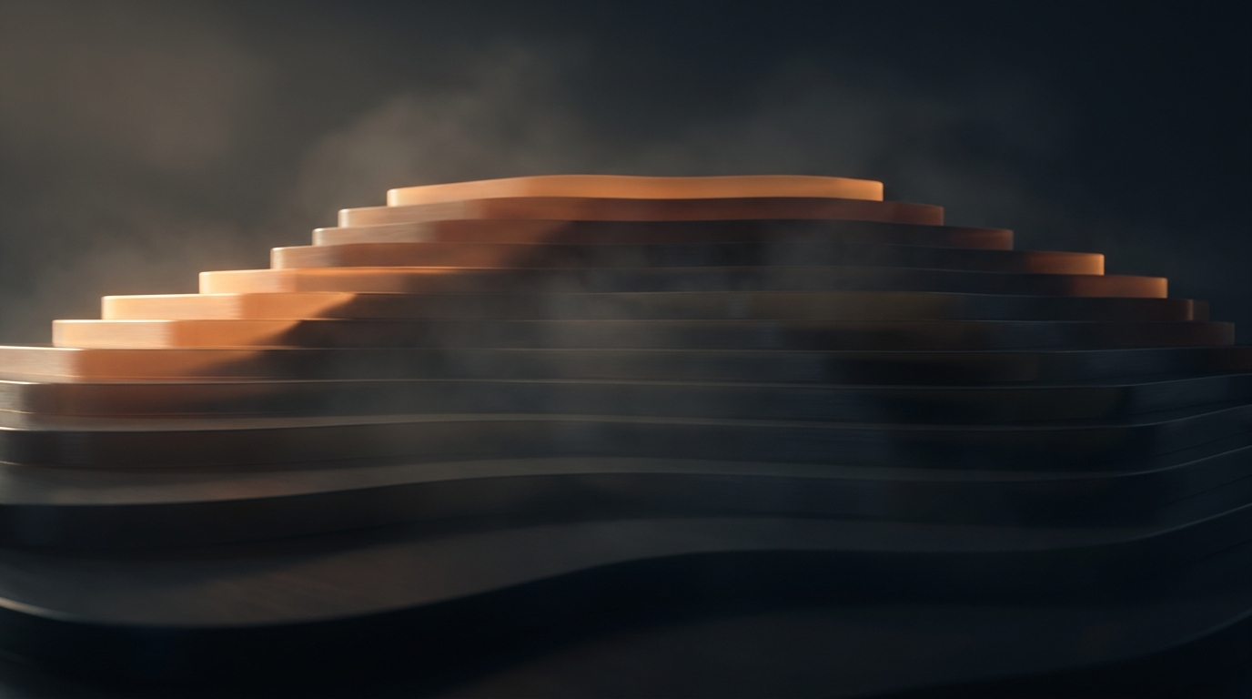 Editorial illustration of a layered topographic landscape in deep amber tones rising from a dark slate background, with structured geometric tiers and soft volumetric light