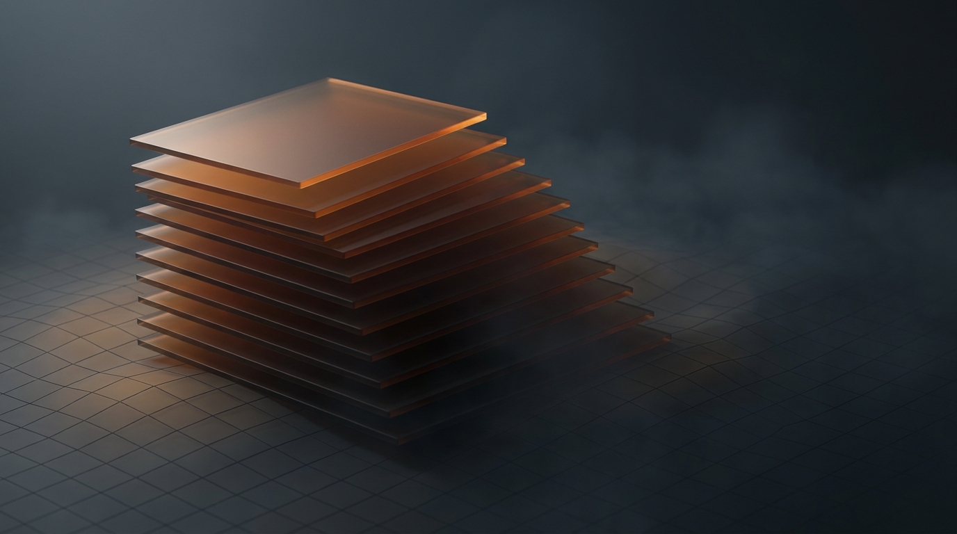 Layered translucent architectural platforms rising from a dark slate surface, lit by warm amber light from a single directional source, with topographic depth fading into shadow