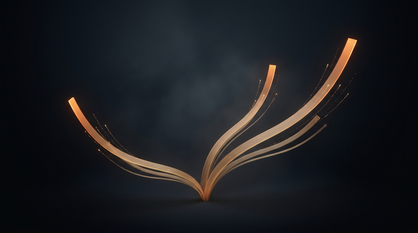 Flowing data ribbons in deep amber curl upward through a near-black slate space, trails of light particles rising in a controlled 16:9 editorial illustration.