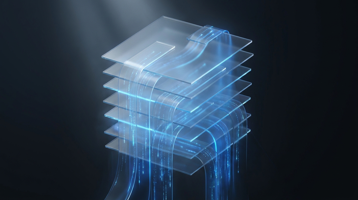 Editorial illustration of layered translucent planes and flowing data ribbons in electric blue against a deep slate background, representing ecommerce campaign architecture.