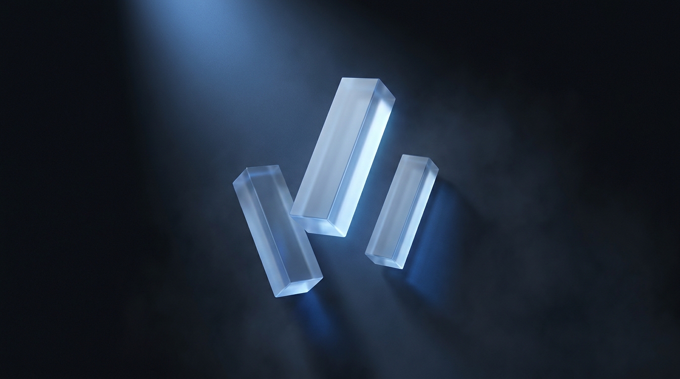 Three suspended geometric prisms in layered formation, lit by cool electric blue accent light, floating against a deep slate background with soft atmospheric depth.