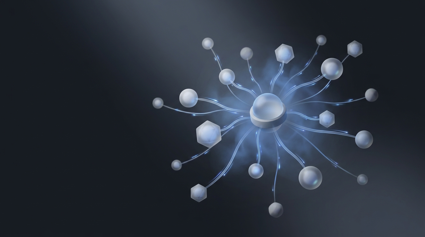 Abstract 3D editorial illustration of connected nodes with electric blue light pulses on deep slate background, representing AI-driven conversational ad intelligence.