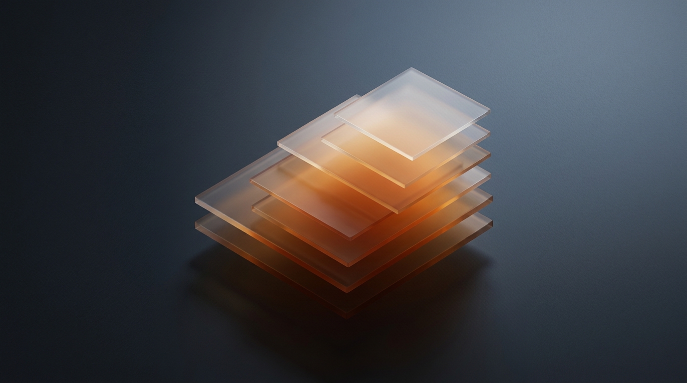 Abstract 3D illustration of stacked translucent planes rising in tiers against a deep slate background, lit with warm amber light from a single directional source