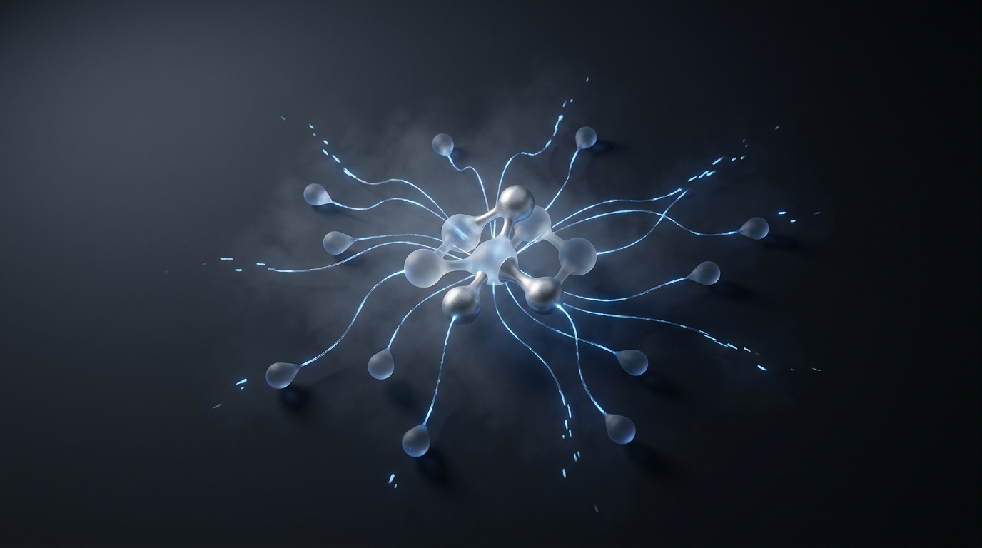 Abstract 3D illustration of a fractured geometric network of nodes and light-pulse connectors on a deep slate background, accented in electric blue.