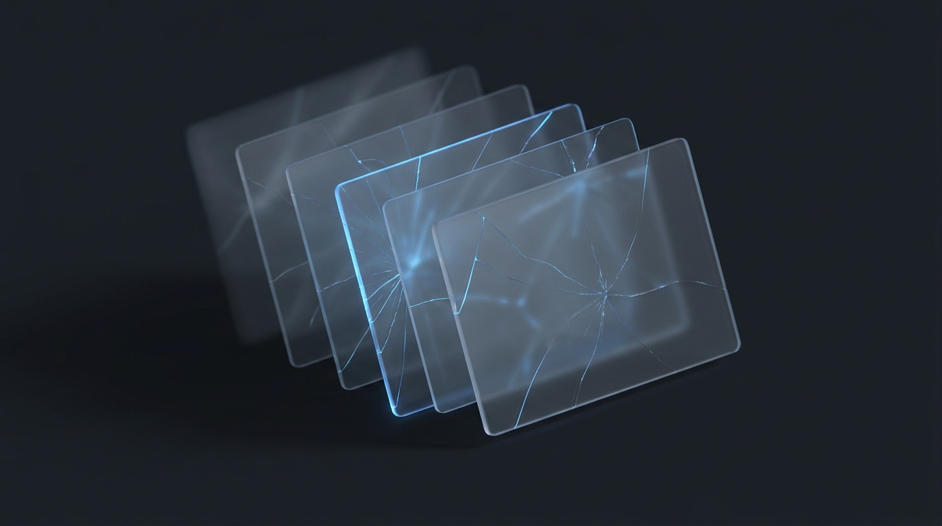 Abstract 3D illustration of cracked layered translucent planes with electric blue accent light against deep slate background