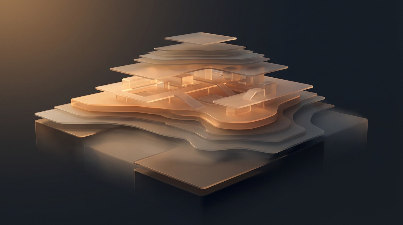 Abstract layered architectural forms in warm amber tones rise from a dark slate surface, lit by a single soft directional light source with frosted glass material treatment.