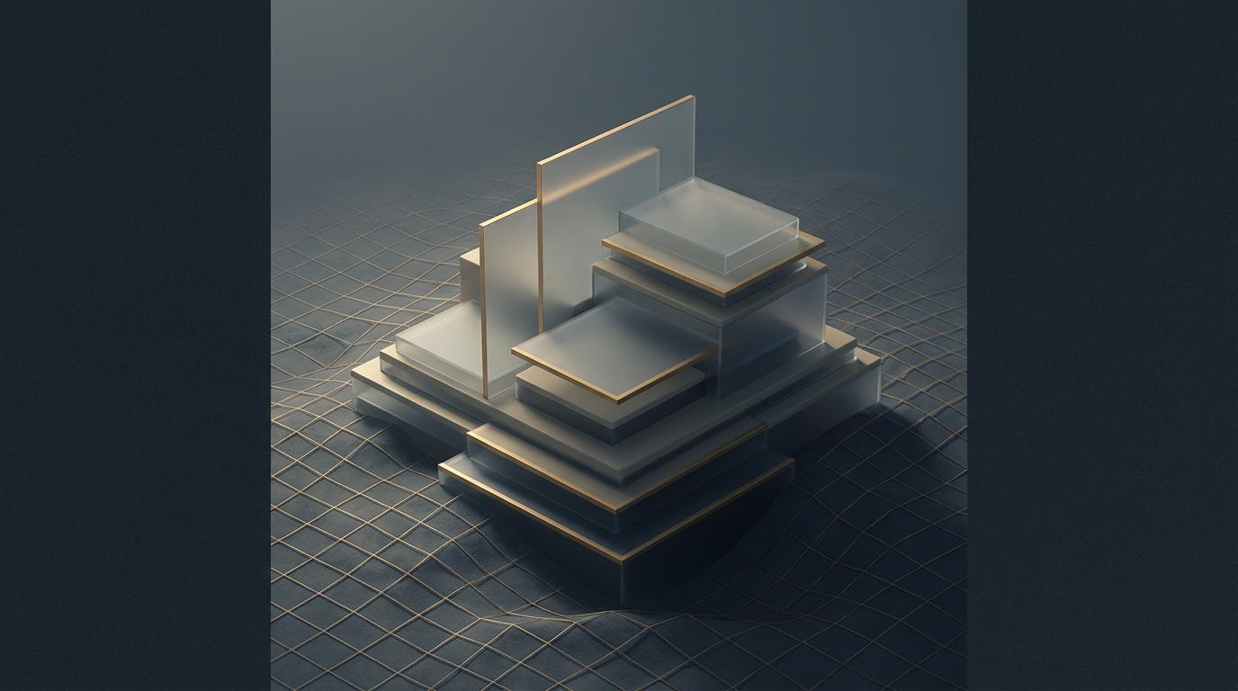 3D editorial illustration of layered architectural forms rising from a topographic surface, accented in muted gold, against a deep slate background with soft directional light