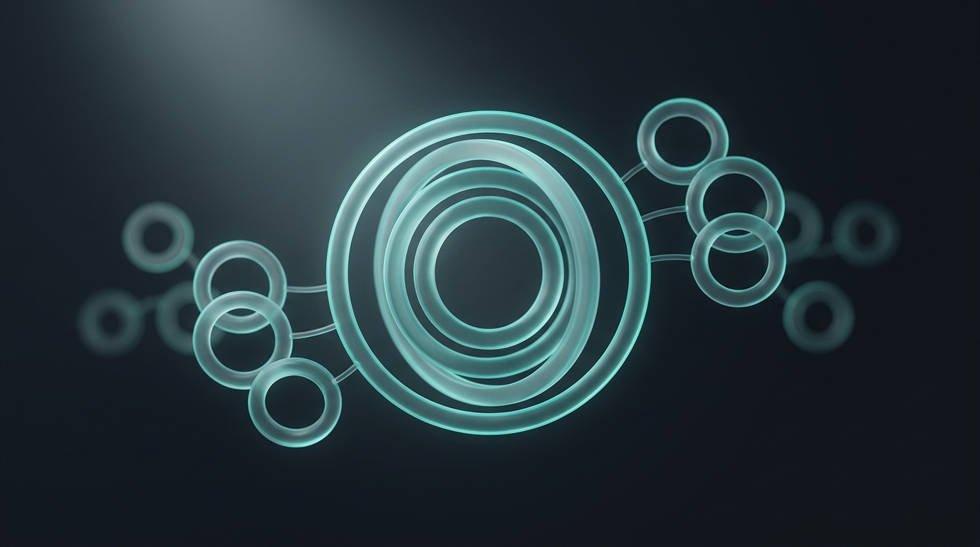 Abstract 3D illustration of concentric radial rings branching into separate orbiting nodes, rendered in cool teal against a deep slate background with soft directional lighting.