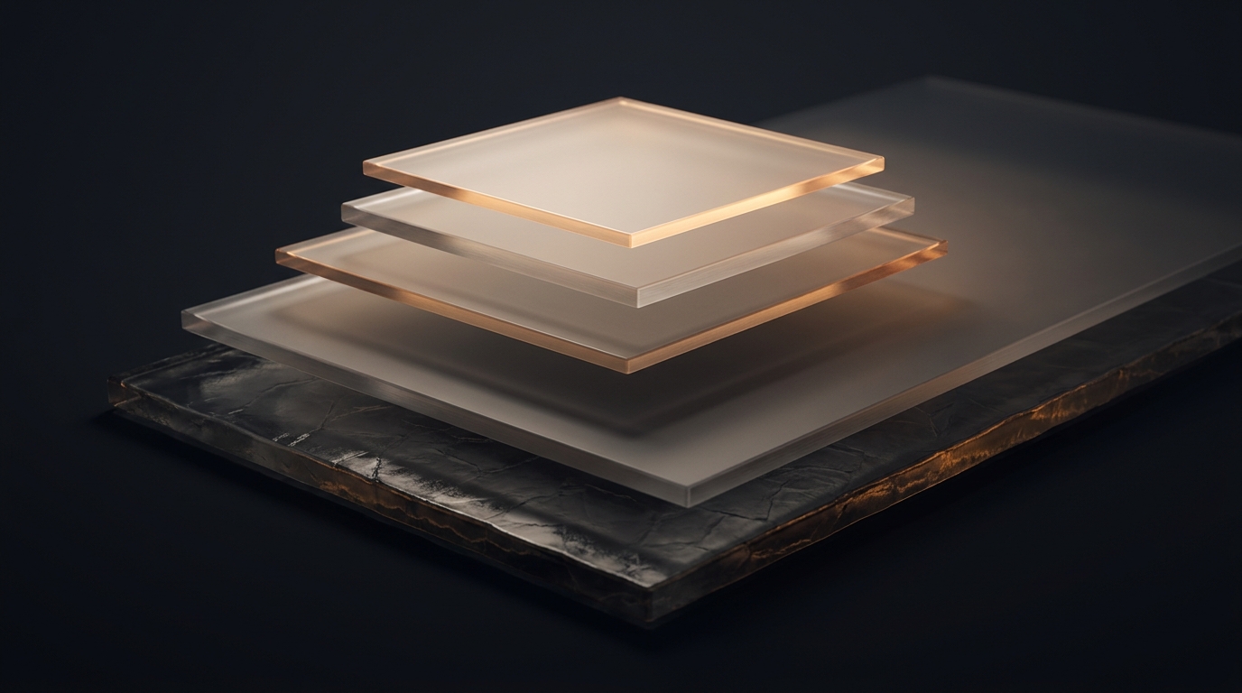 Layered translucent architectural planes rising from a dark slate surface, lit from above by a single warm amber light source, with soft atmospheric depth.