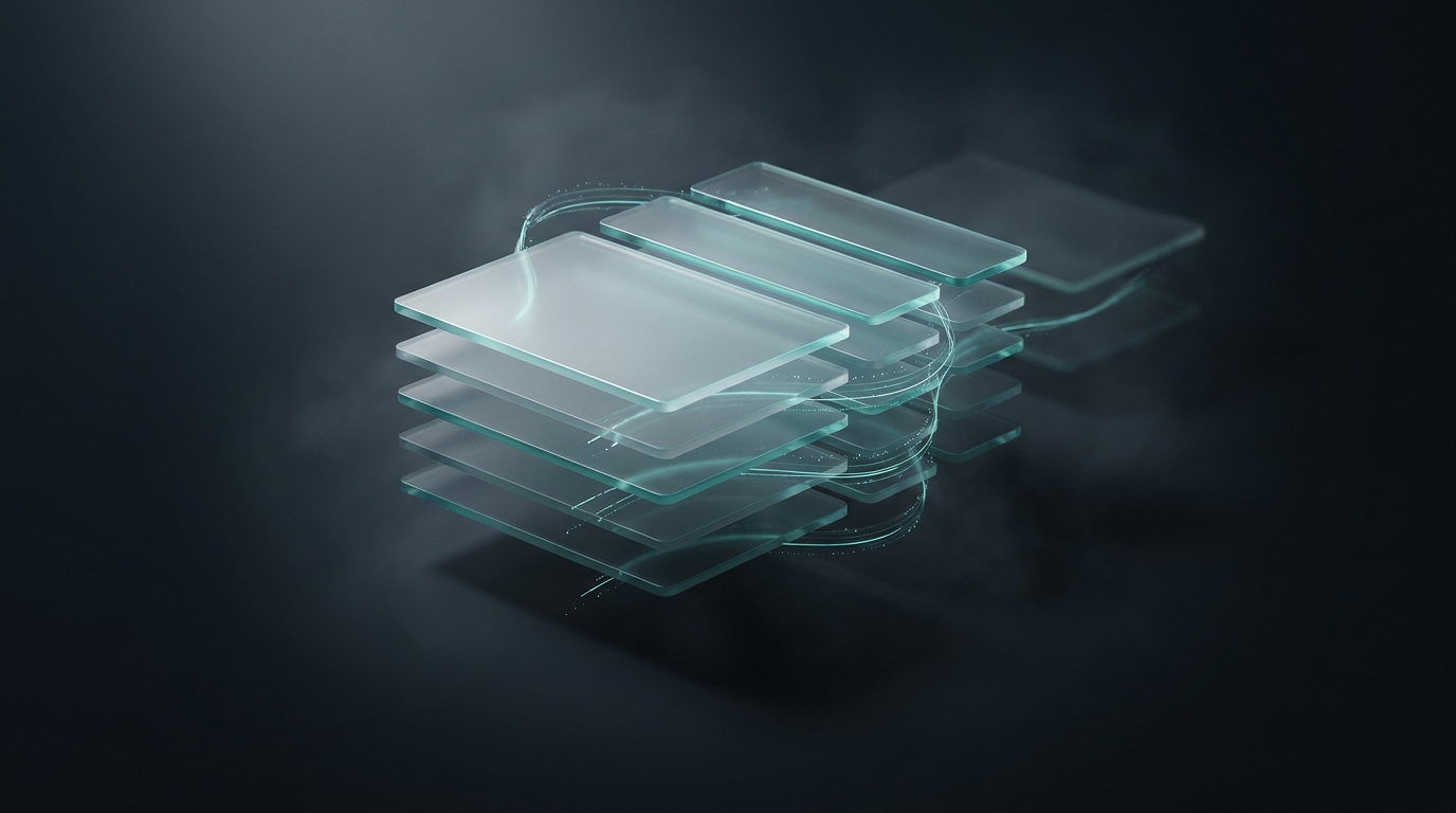 Abstract 3D illustration of layered translucent planes and flowing data ribbons in cool teal against a deep slate background with soft directional lighting
