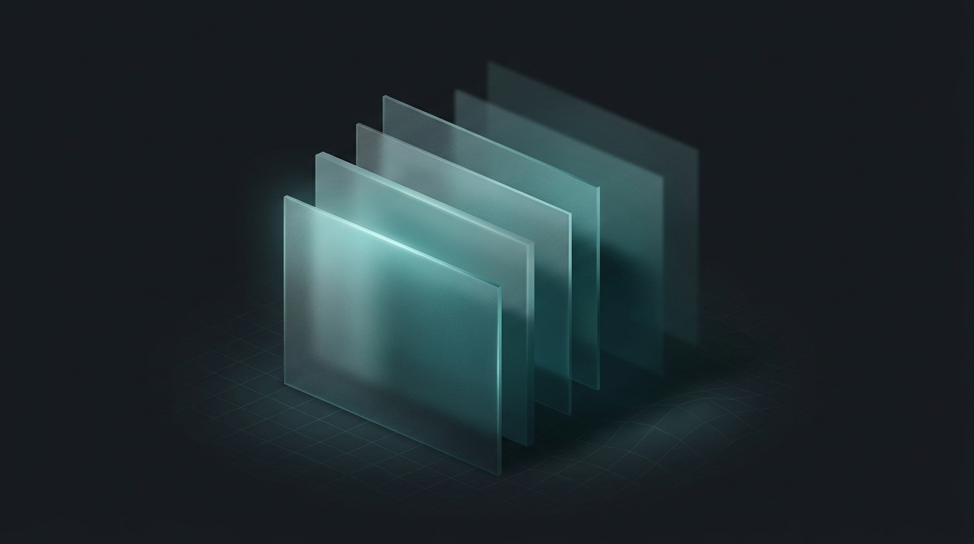 Layered translucent architectural planes in cool teal rising from a dark slate surface, lit by a single soft directional light source with subtle volumetric depth