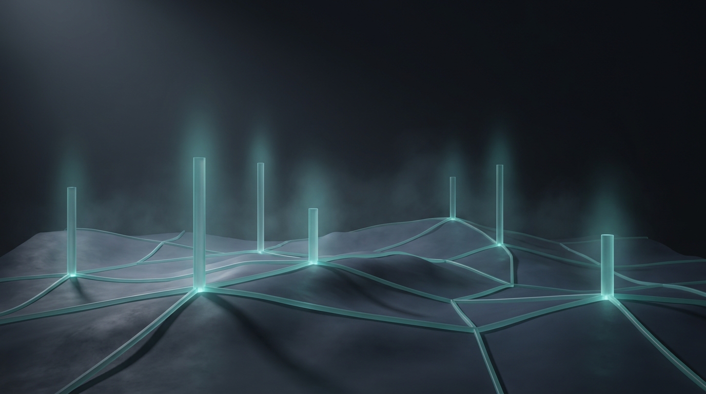 Editorial illustration of a gridded topographic landscape with branching geometric nodes in cool teal, glowing against a deep slate background with soft directional light.