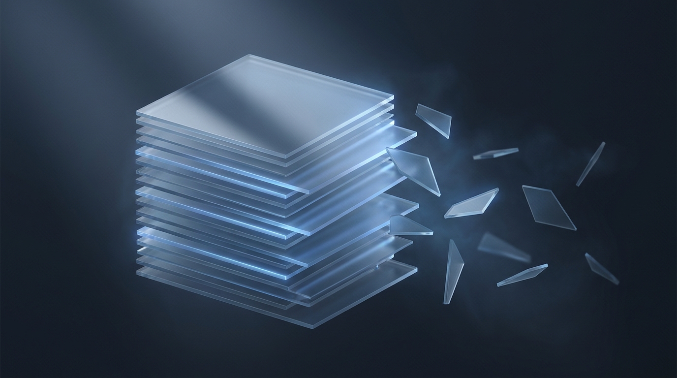 Abstract editorial illustration of suspended translucent planes fragmenting and drifting apart, lit by cool electric blue against a deep slate background.