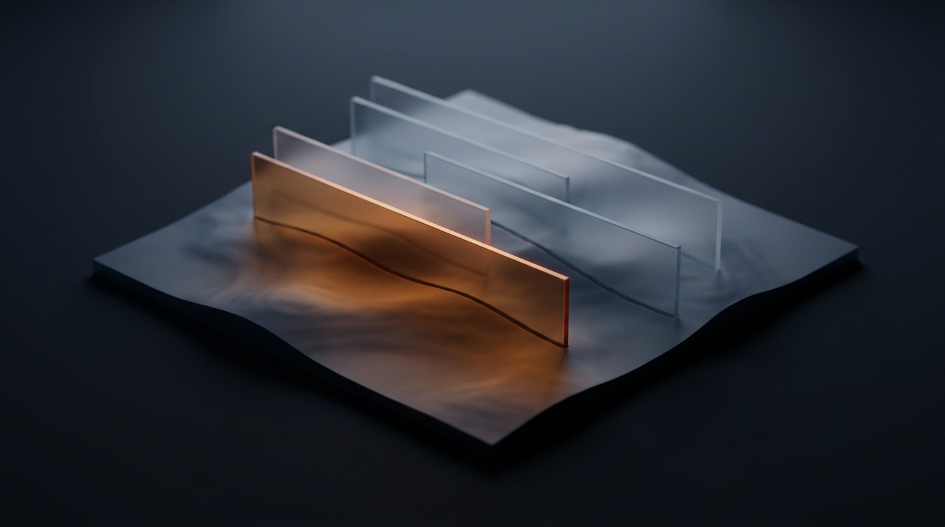 3D editorial illustration of layered translucent architectural planes rising from a topographic grid landscape, lit in warm amber tones against a deep slate background