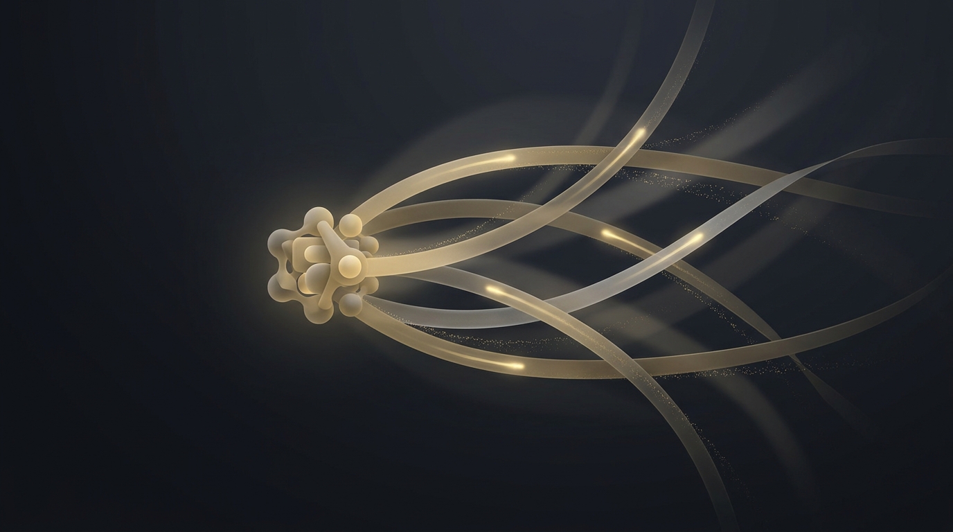 3D editorial illustration of flowing data ribbons and particle trails in muted gold against a deep slate background, representing a structured Google Ads audit framework