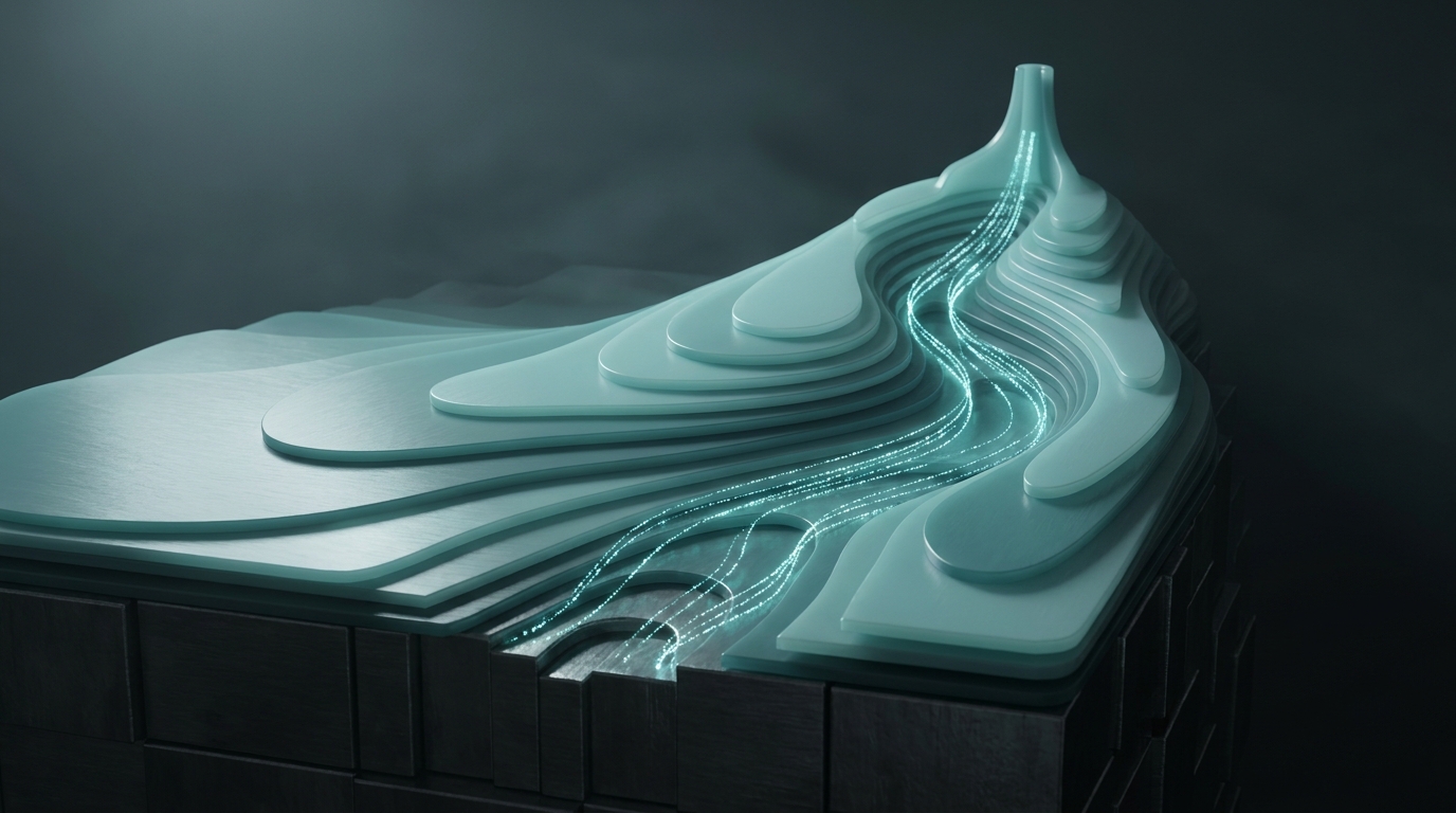 Abstract layered topographic landscape in cool teal rising from a deep slate background, with soft directional lighting and smooth polymer surface treatment.