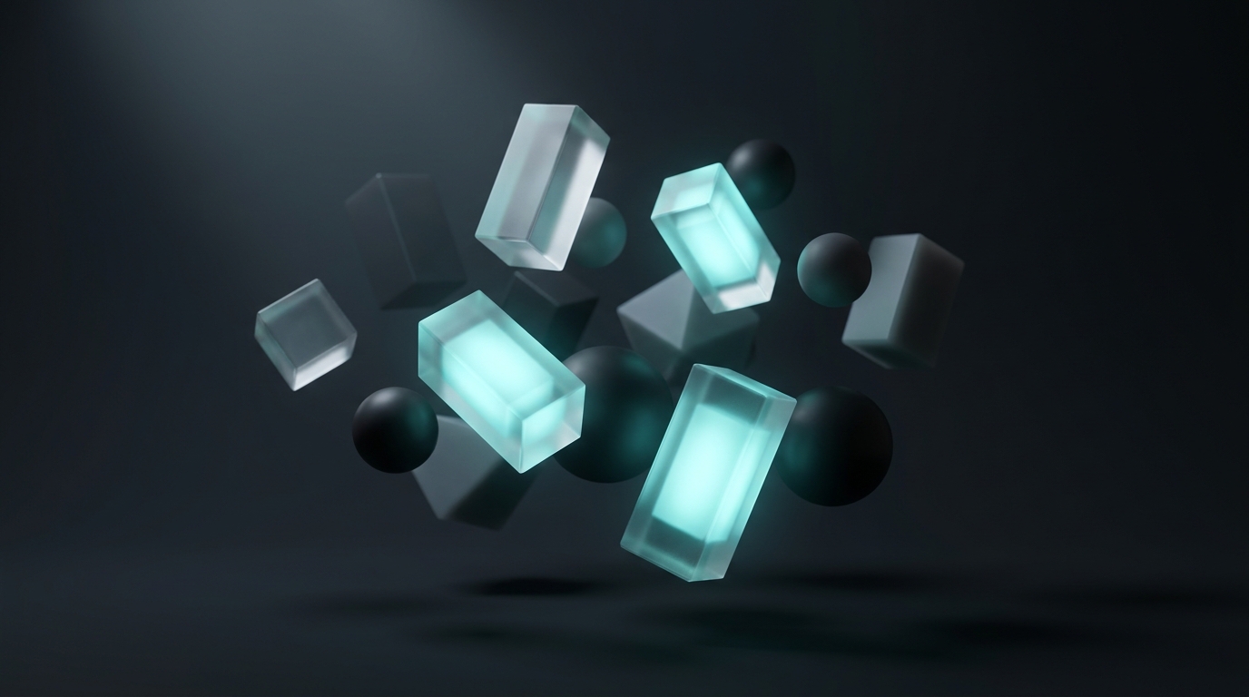 Suspended geometric prisms in cool teal against deep slate, some glowing brightly and some dim, arranged in a balanced cluster with soft directional light.