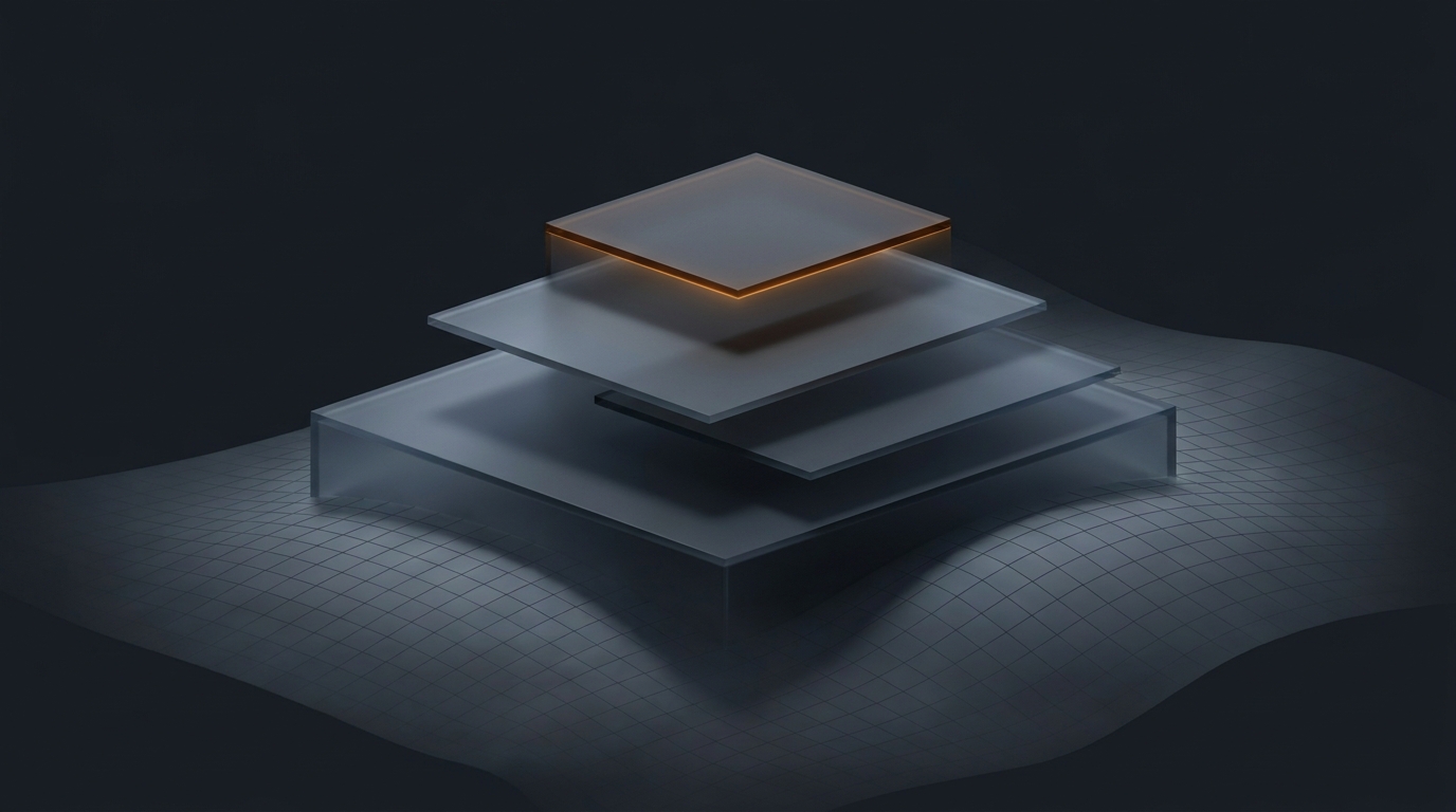 Layered translucent architectural planes rising from a topographic surface, lit with warm amber light against a deep slate background, abstract 3D editorial illustration