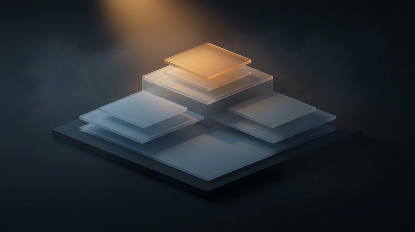 Abstract 3D illustration of layered translucent architectural planes rising from a dark slate surface, lit with warm amber light from a single directional source.