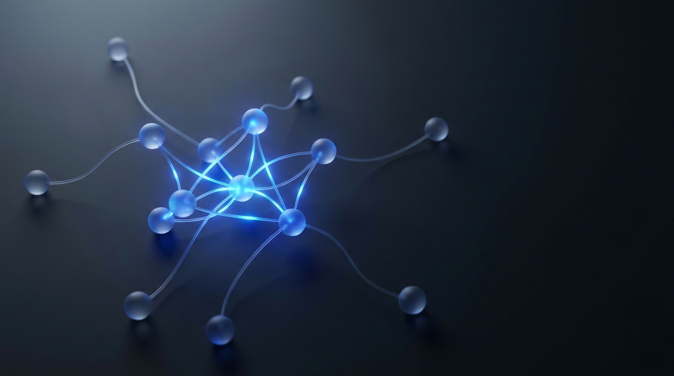 Editorial illustration of glowing connected nodes with electric blue light pulses on a deep slate background, suggesting live data flow and AI-driven ad intelligence.