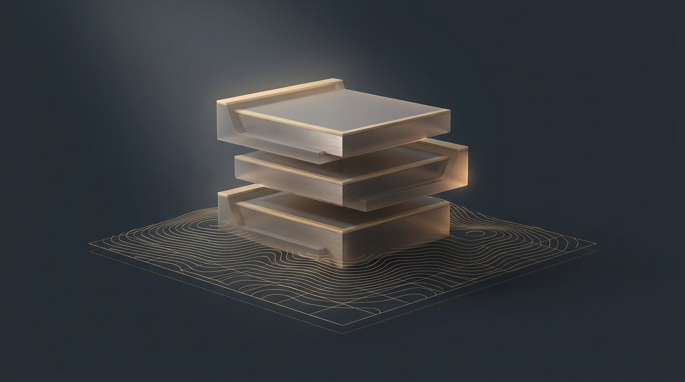 Abstract layered architectural forms in muted gold rising from a dark slate background, with soft directional light and topographic depth lines radiating outward.
