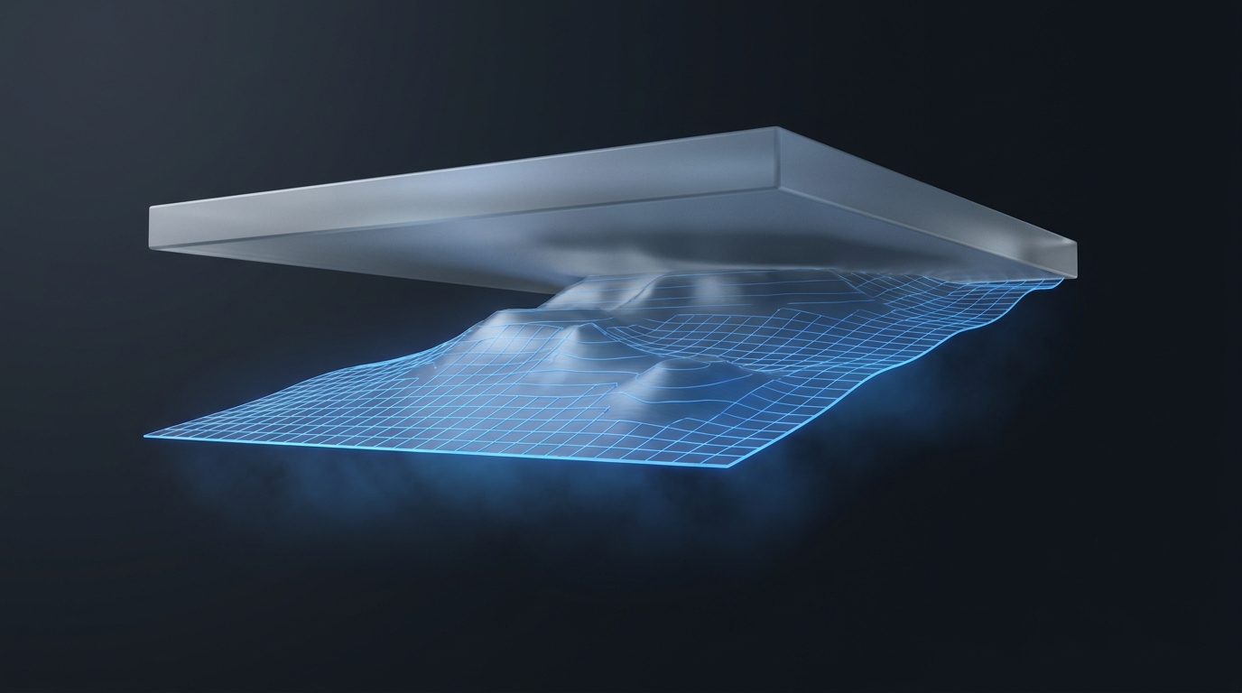 Abstract 3D illustration of a gridded topographic surface hitting a flat ceiling plane, rendered in electric blue against a deep slate background.