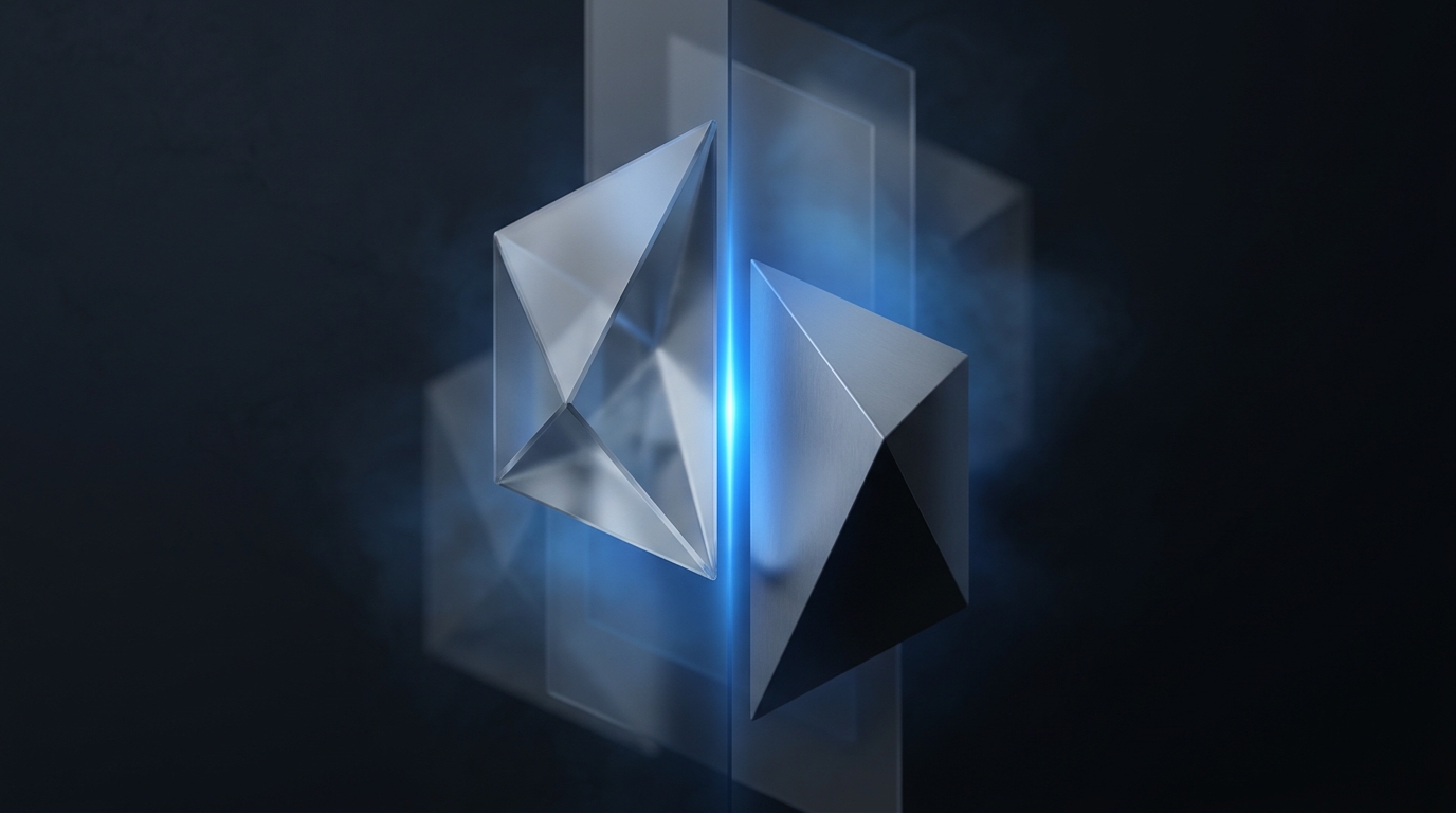 Two suspended geometric prisms facing each other on a dark slate background, lit by a single cool electric blue light source, with soft frosted glass surfaces.