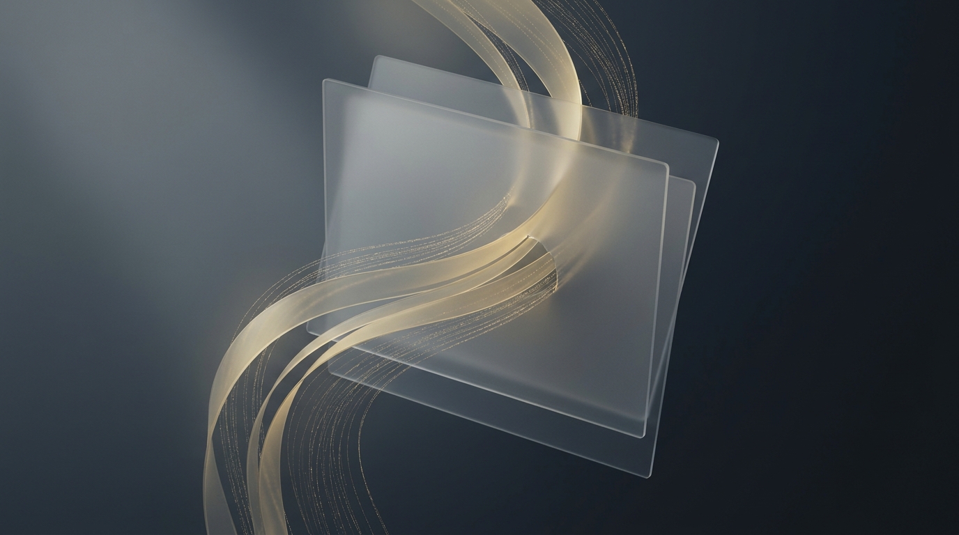 Abstract 3D illustration of glowing muted gold data ribbons looping through layered translucent planes on a deep slate background, soft directional light, 16:9 composition