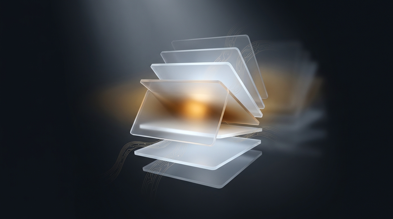 3D editorial illustration of layered translucent planes stacked asymmetrically, lit in warm amber on a deep slate background, with flowing light ribbons weaving through the structure