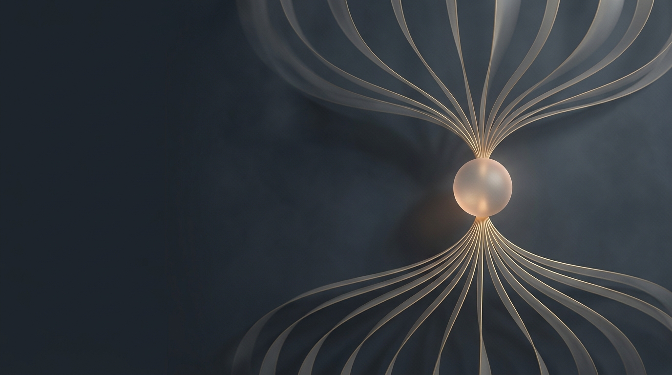 Abstract 3D illustration of twelve glowing muted-gold data ribbons spiraling toward a central node, set against a deep slate background with soft directional lighting.
