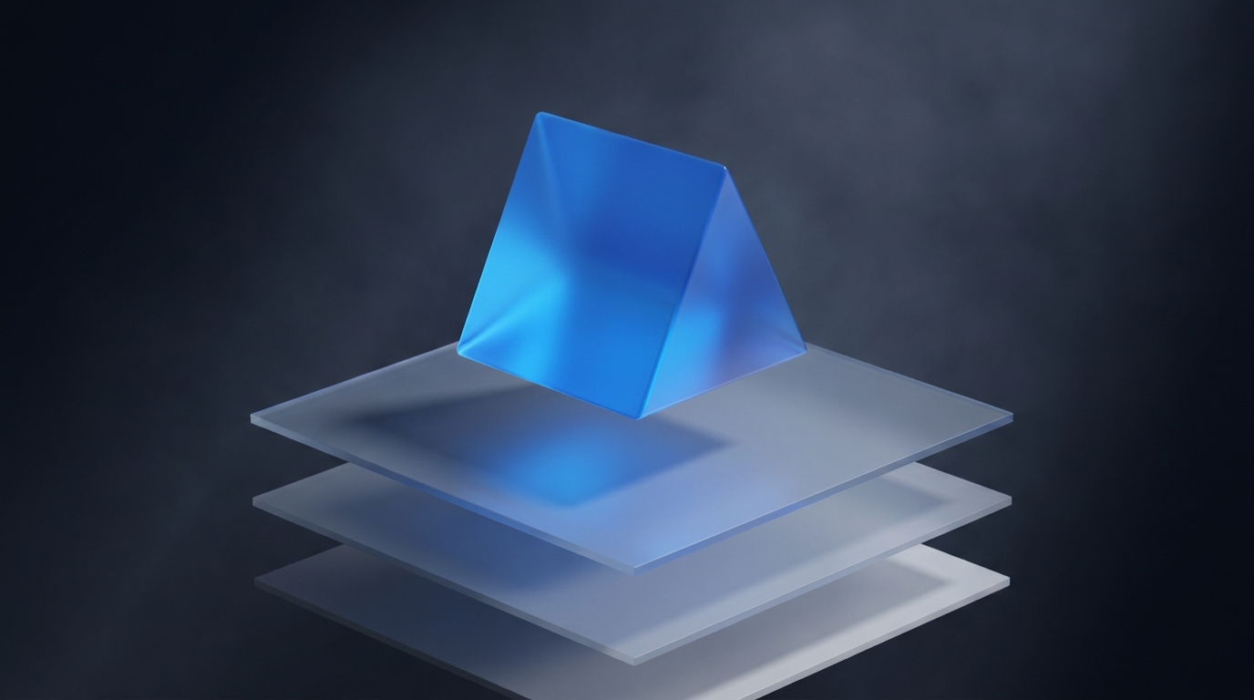 A suspended geometric prism lit from above in electric blue against a deep slate background, with layered translucent planes beneath it fading into atmospheric depth.