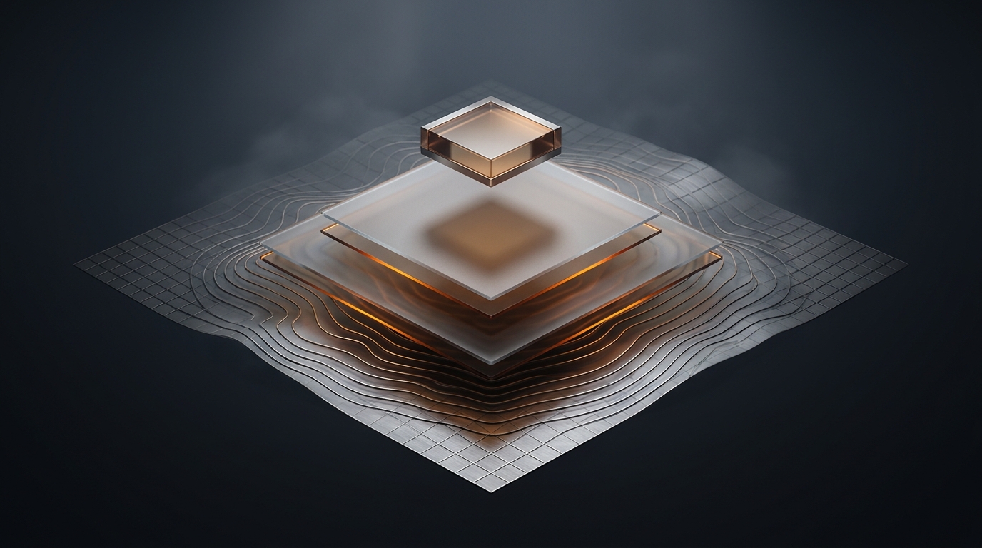 3D editorial illustration of a layered topographic landscape in deep amber against a near-black slate background, with stacked translucent planes rising from a gridded terrain surface.
