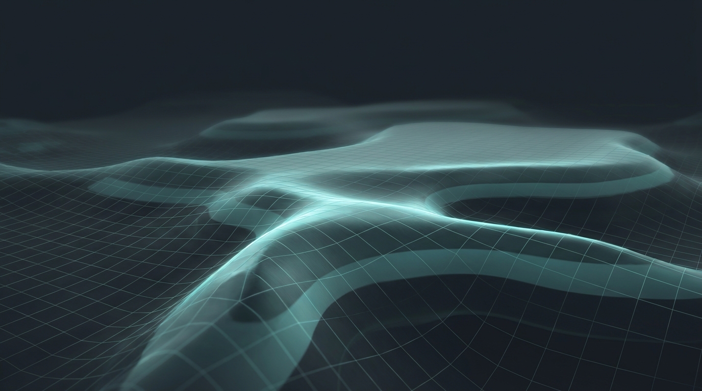 Editorial illustration of a gridded topographic landscape with glowing cool teal contour lines rising into geometric terrain forms against a deep slate background.