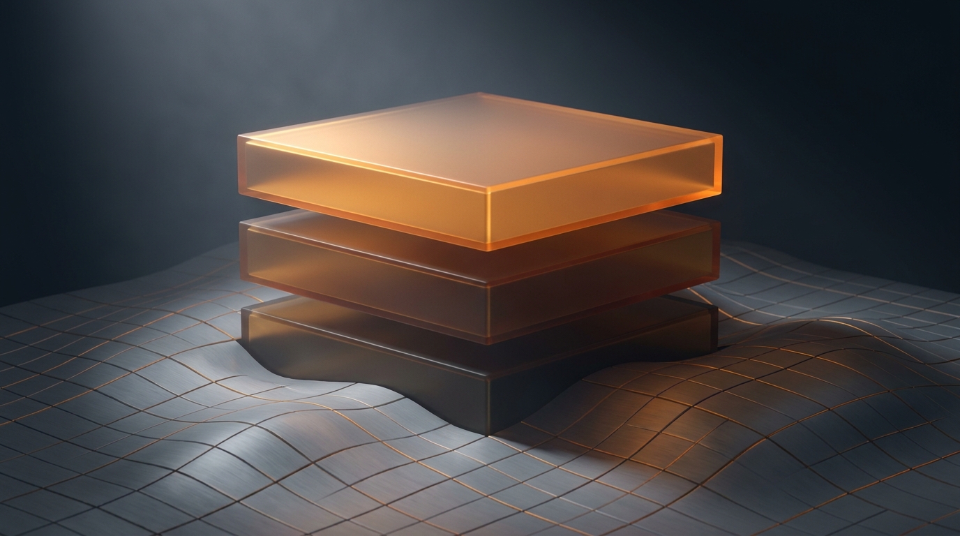 3D editorial illustration of layered architectural forms rising from a topographic surface in deep amber light against a near-black slate background