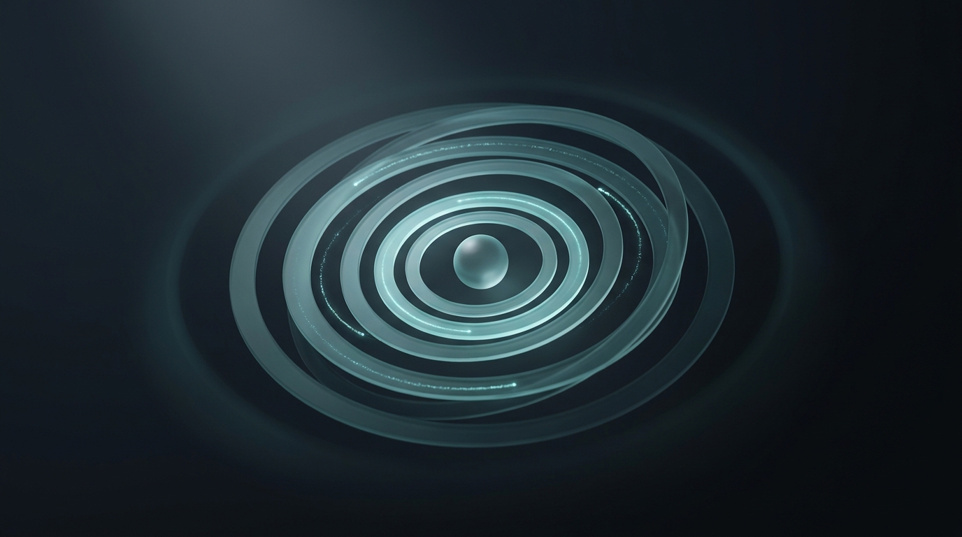 Abstract 3D illustration of concentric rings and radial orbit system in cool teal against deep slate background, soft directional lighting, frosted glass material treatment