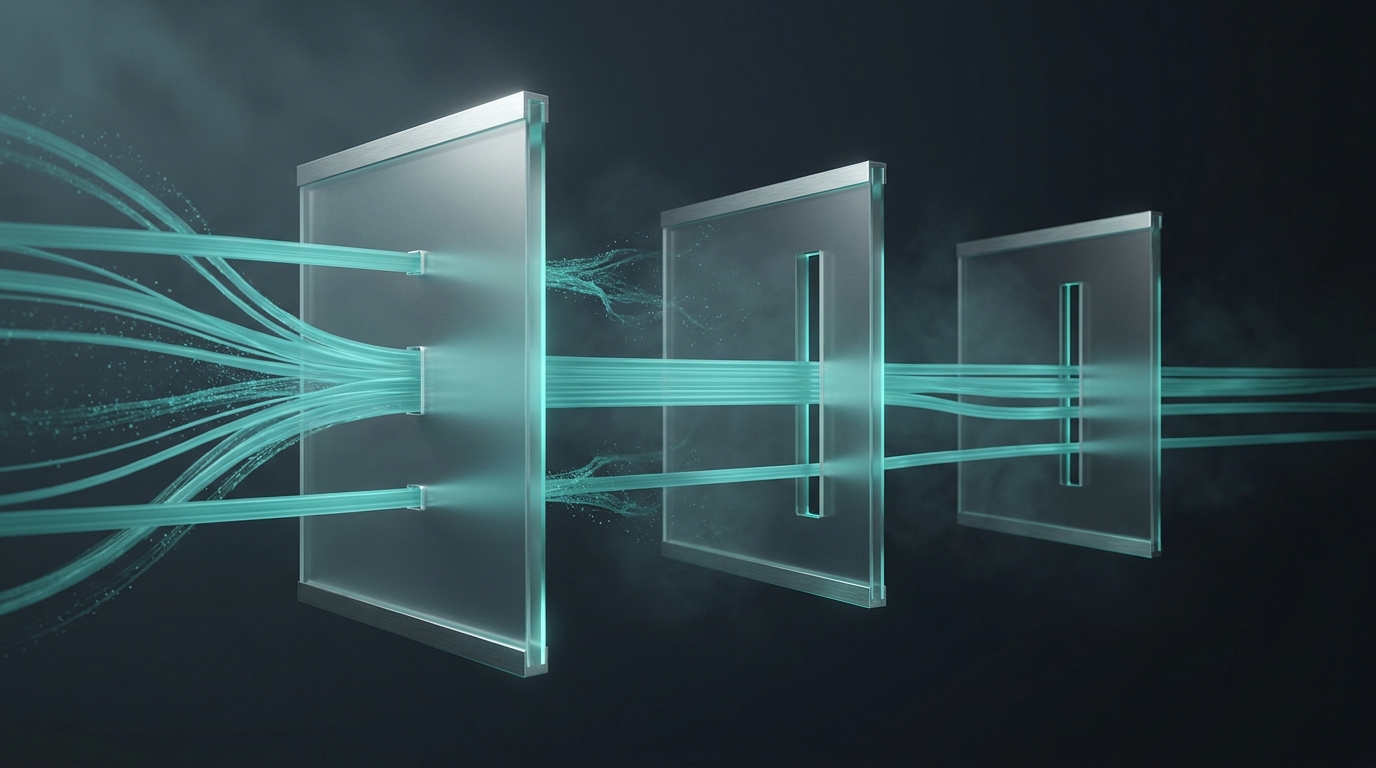 Abstract 3D editorial illustration of flowing data ribbons with gate-like geometric barriers on a deep slate background, lit by a single cool teal light source.