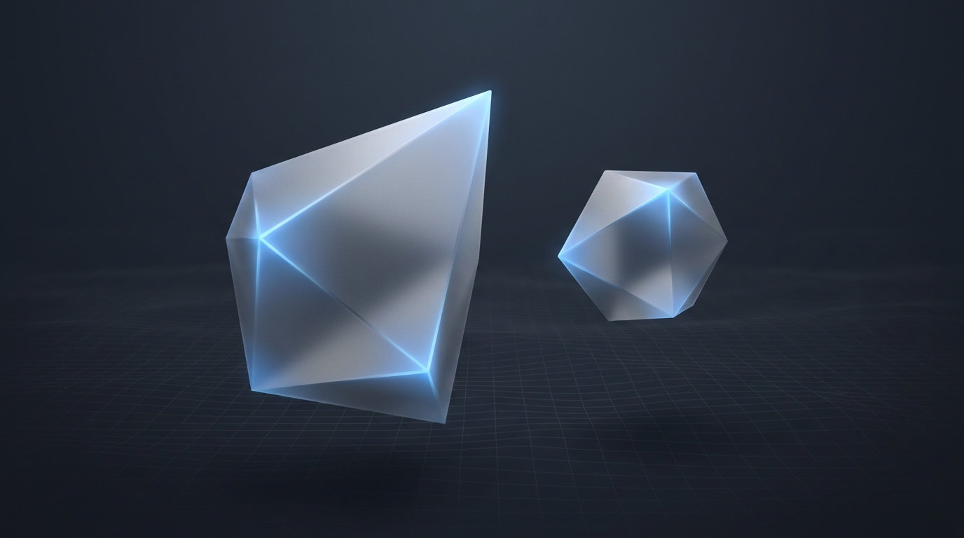 Two suspended geometric prisms facing each other, one larger, one smaller, lit in electric blue on a deep slate background with soft directional light.
