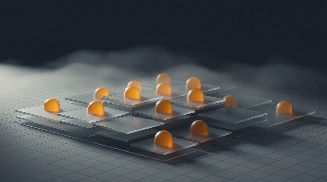 Topographic gridded landscape with twelve glowing amber nodes rising from layered terrain planes, soft directional light, deep slate background.
