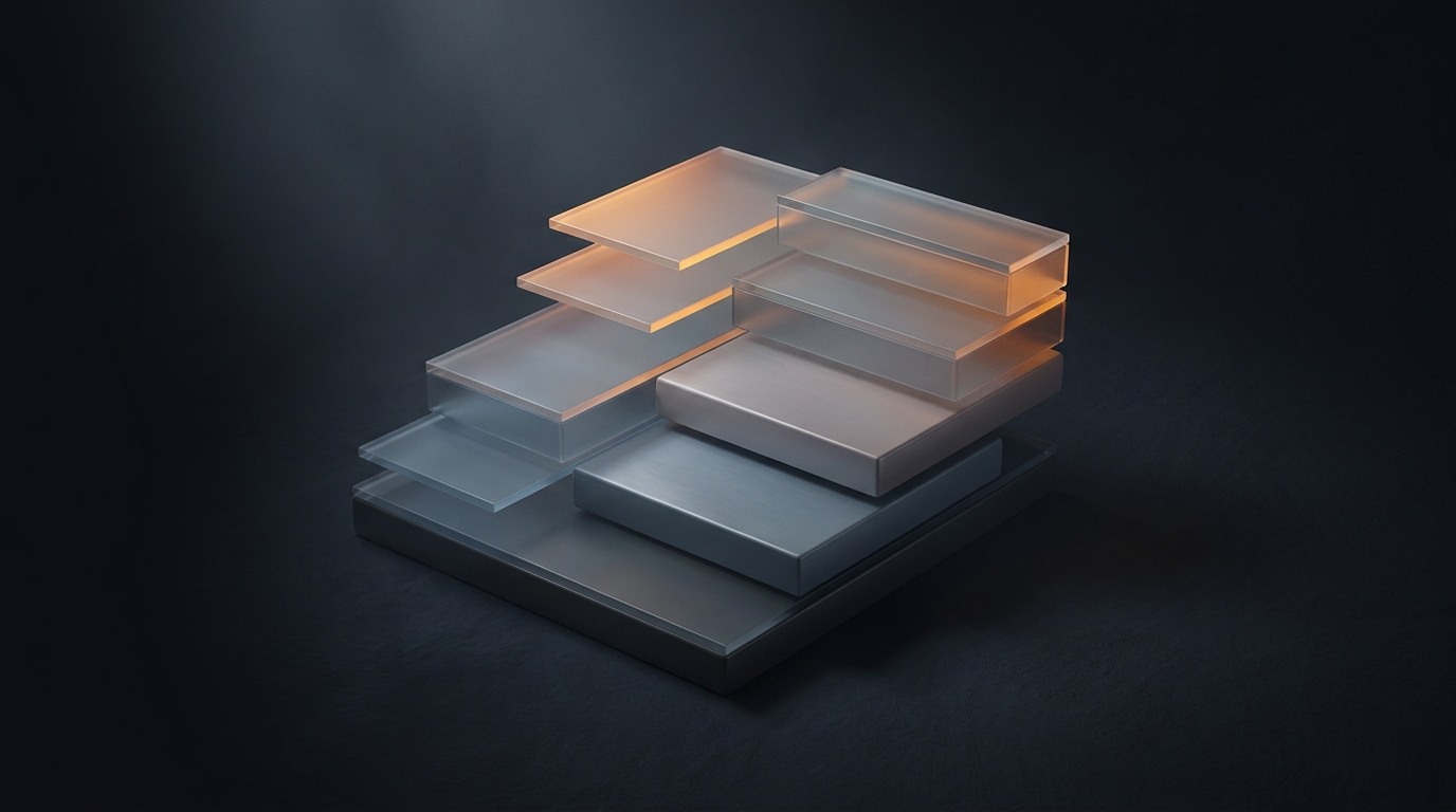 Abstract layered architectural forms in warm amber light rising from a dark slate surface, representing structured growth in a medical practice Google Ads case study.