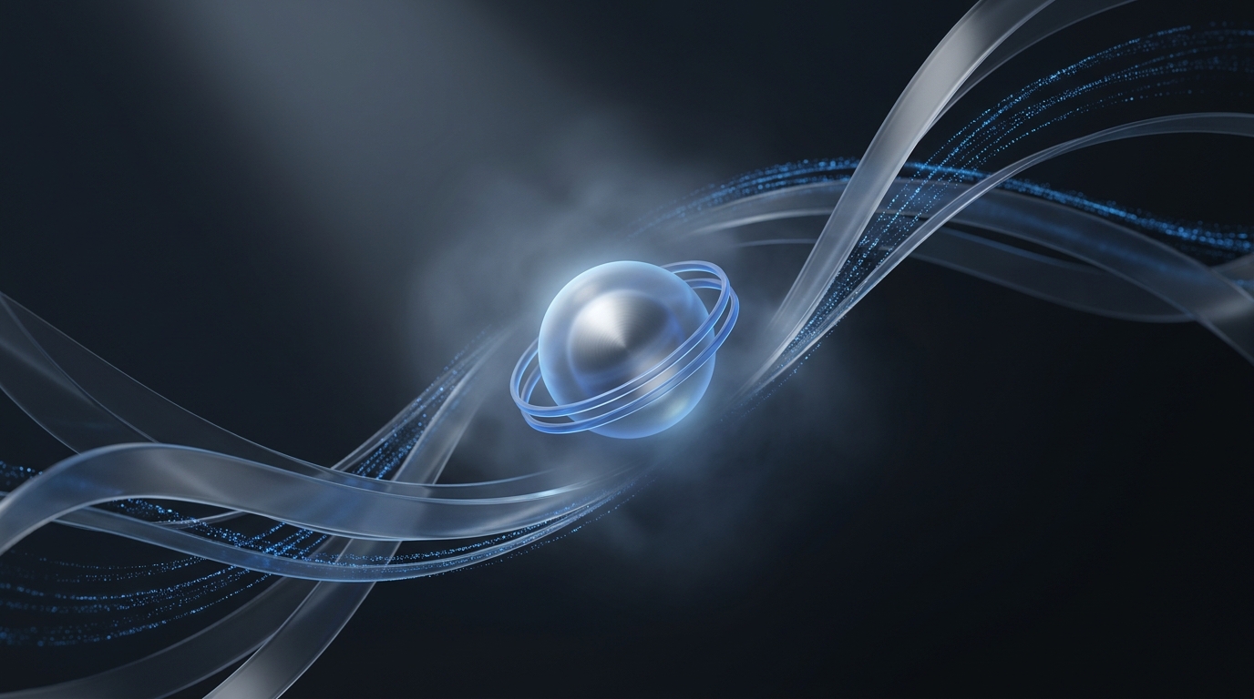 Editorial illustration of glowing electric-blue data ribbons flowing through a dark slate space, converging into a central luminous node with soft volumetric haze.