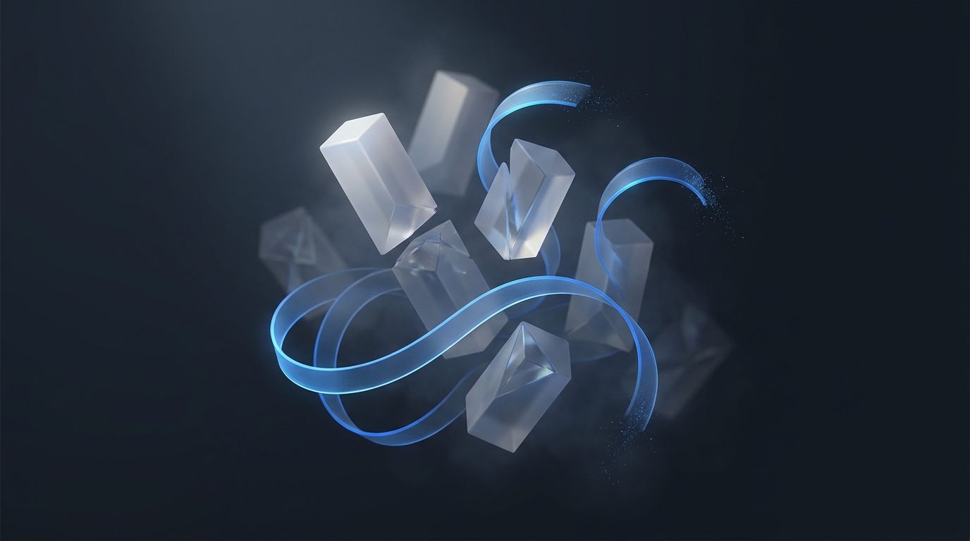 3D editorial illustration of tangled glowing data ribbons in electric blue looping through suspended geometric prisms on a deep slate background