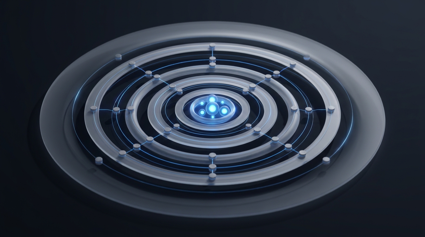 Abstract 3D illustration of concentric orbital rings around a central node cluster, glowing electric blue on a deep slate background with soft directional lighting