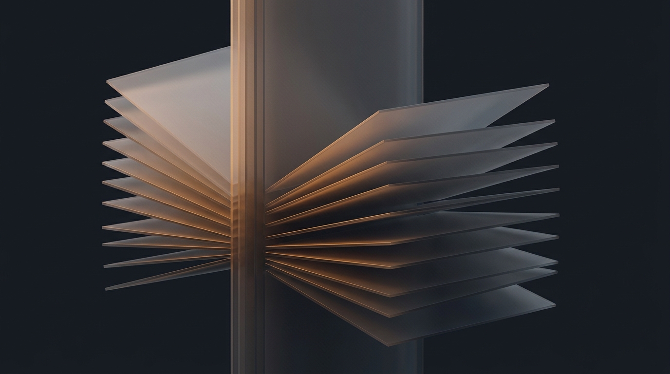 Abstract 3D architectural layers in deep amber over near-black background, topographic stacked planes fanning outward from a central column, soft directional light