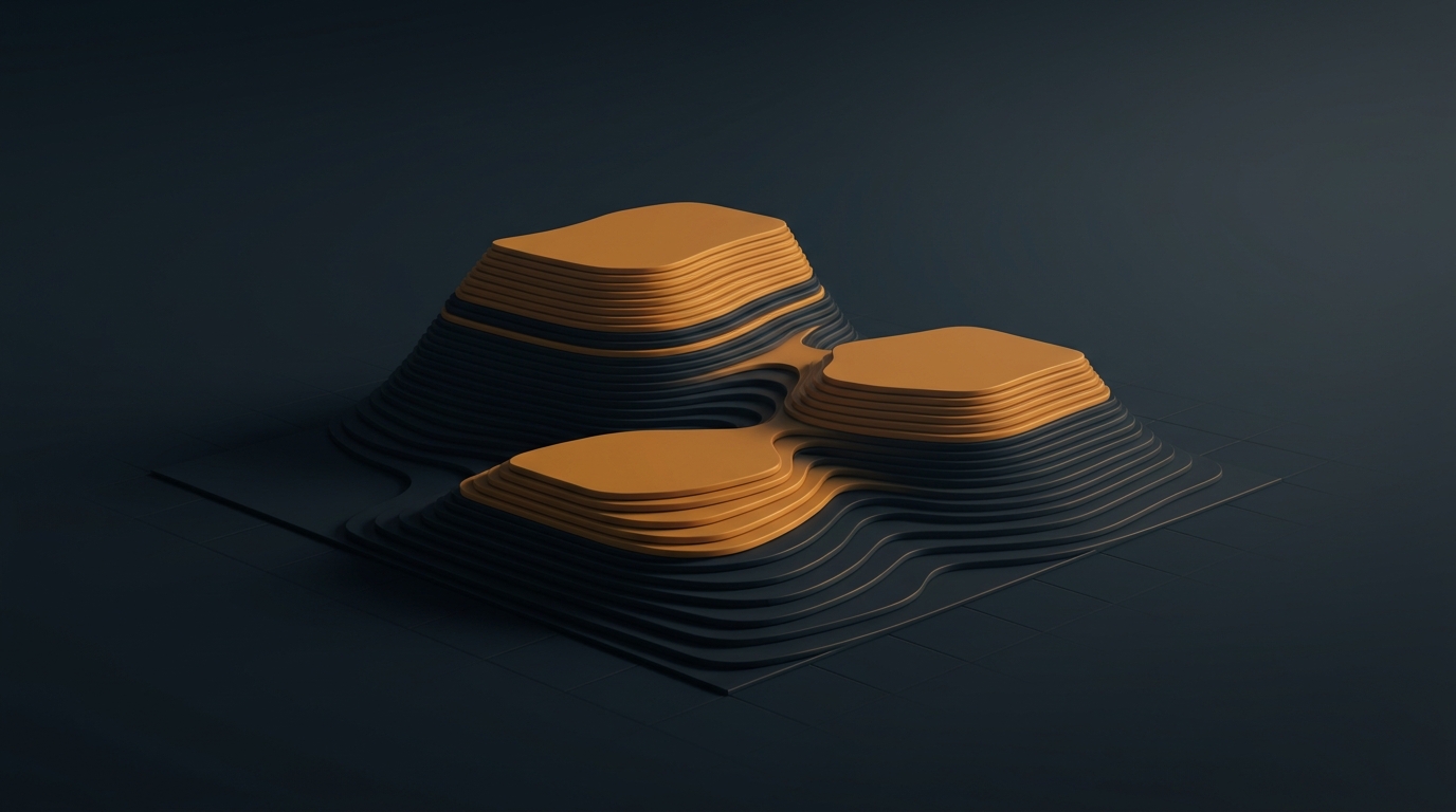 Abstract 3D topographic landscape with layered amber-lit ridges rising from deep slate, illuminated by a single soft directional light from above left.