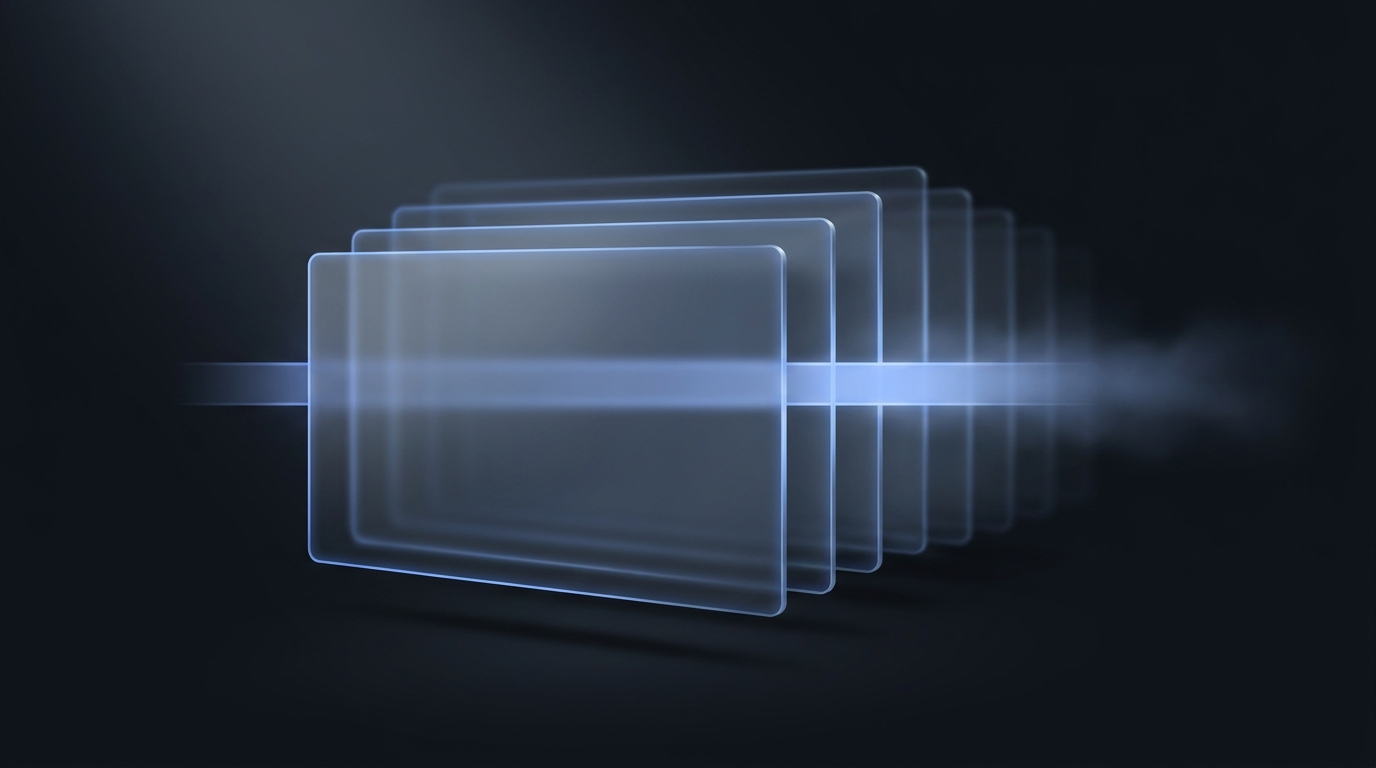 Abstract 3D editorial illustration of stacked translucent data planes and a central glowing timeline ribbon in electric blue against a deep slate background.