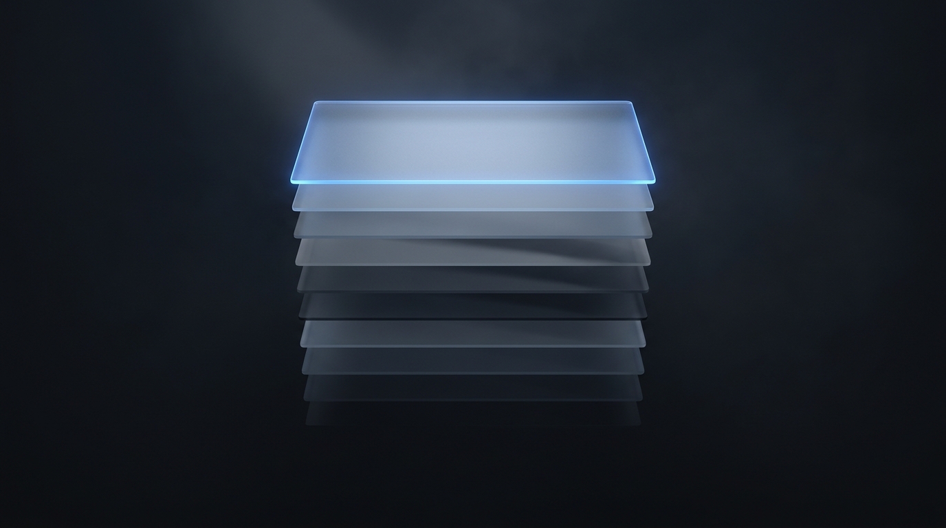 Abstract 3D illustration of stacked translucent planes with a glowing ceiling plane lit in electric blue, suspended against a deep slate background.