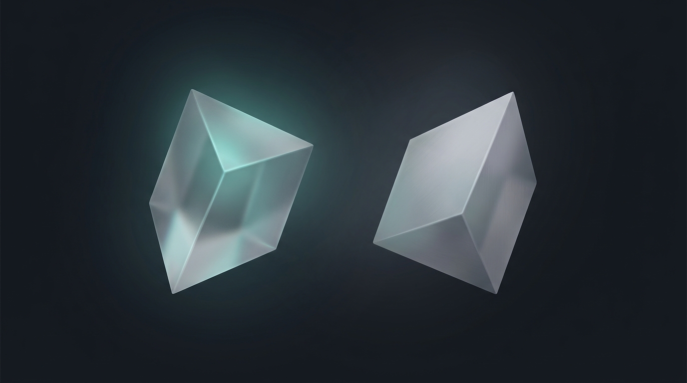Two suspended geometric prisms facing each other on a dark slate background, one illuminated in cool teal, soft directional light, frosted glass material treatment