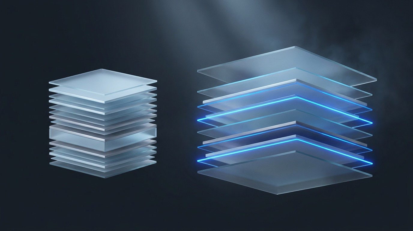 Layered translucent planes split into two stacks, one compact and one expansive, glowing electric blue against deep slate background, soft directional light from above left.