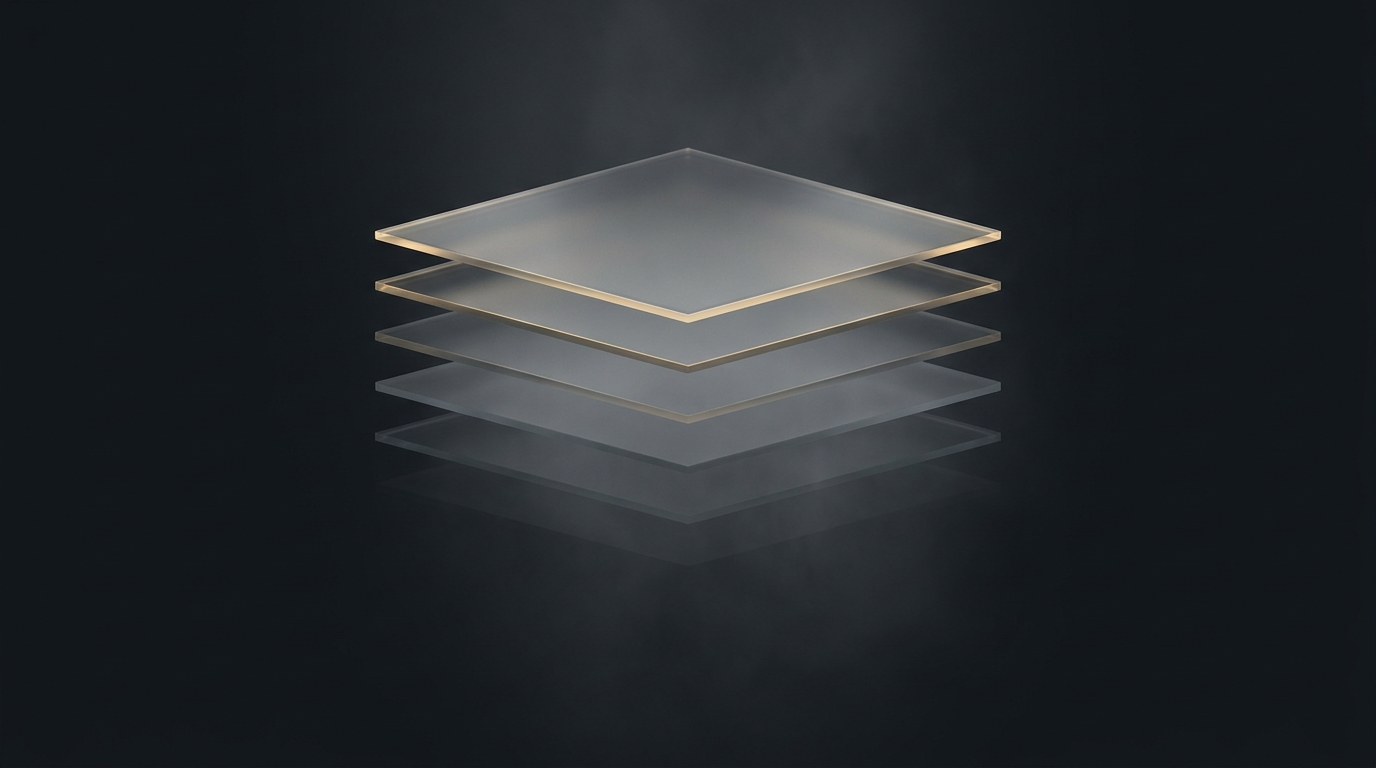 Abstract 3D illustration of layered translucent geometric planes arranged in a tiered structure, glowing with muted gold accents against a deep slate background